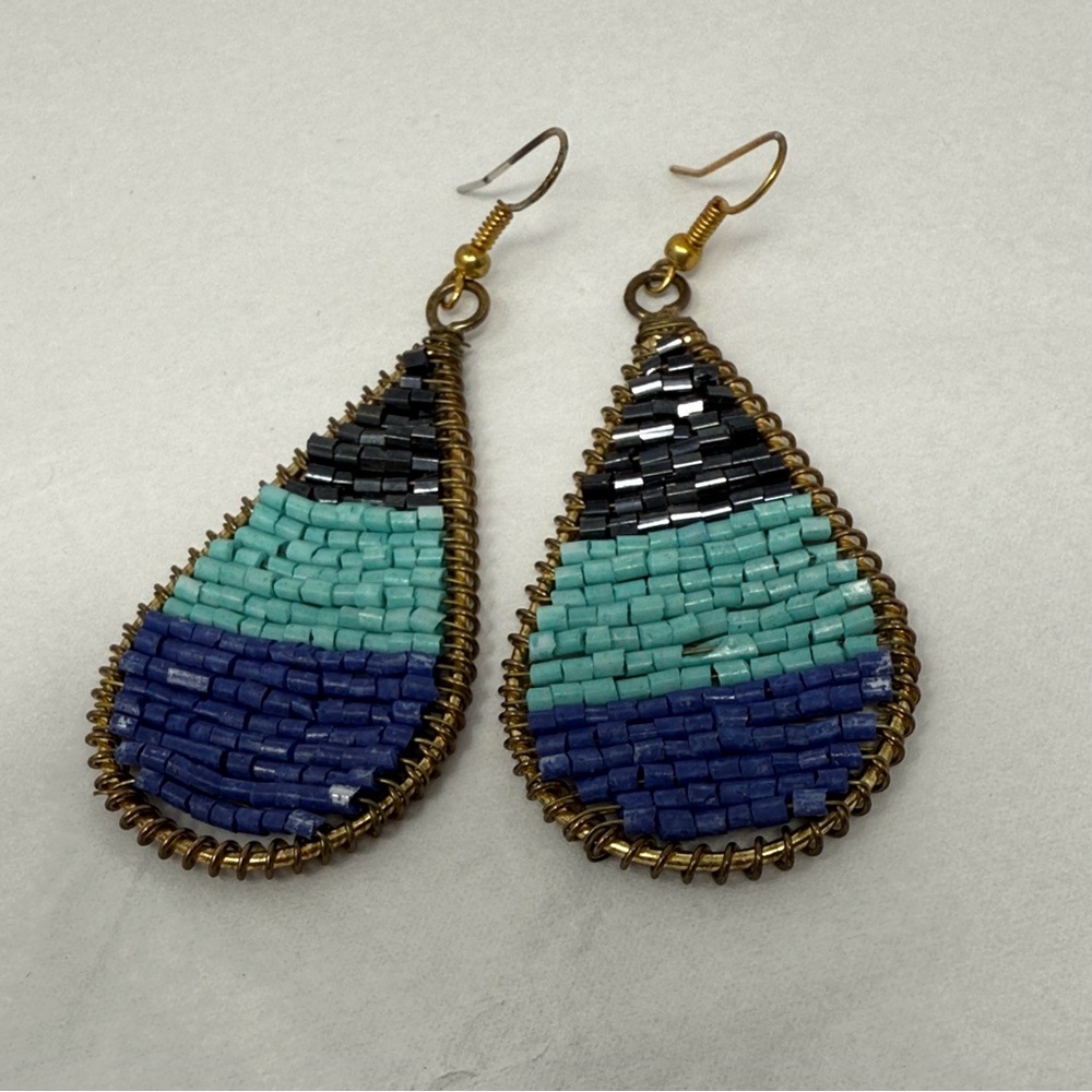 Handmade Beaded Teardrop Earrings Blue Turquoise Black Gold Boho Southwestern